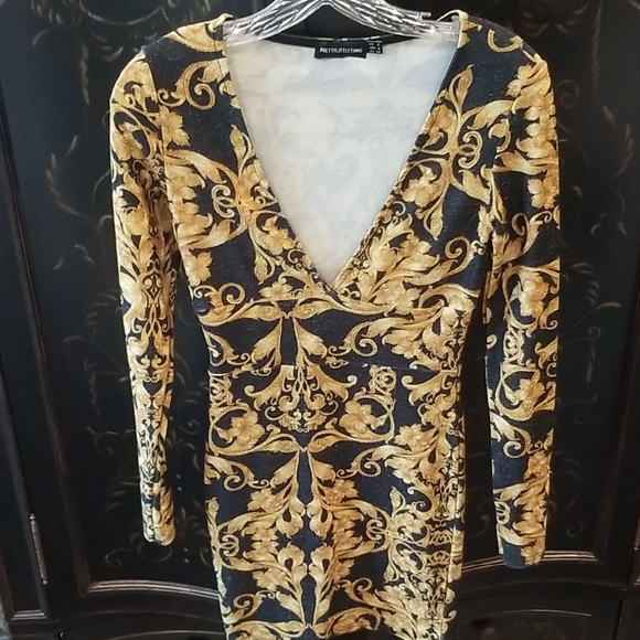 PrettyLittleThing Black and Gold Mini  Dress - Picture 1 of 12